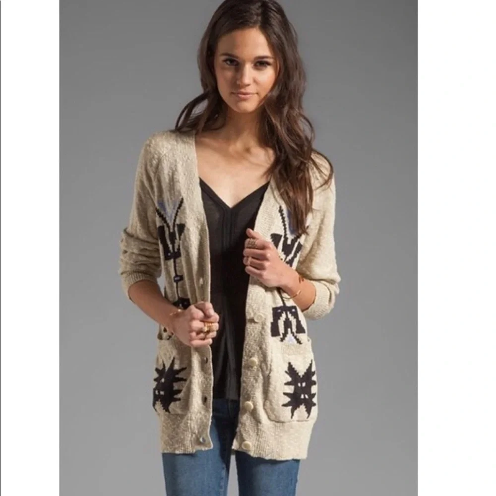 Sanctuary Ranch Aztec Oatmeal woven v-neck button down cardigan M - Picture 3 of 12